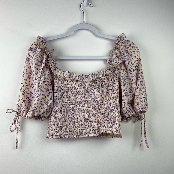 NEW Pink Diamond Smocked Pink Floral Blouse Tie Sleeves Size XL - Picture 5 of 6